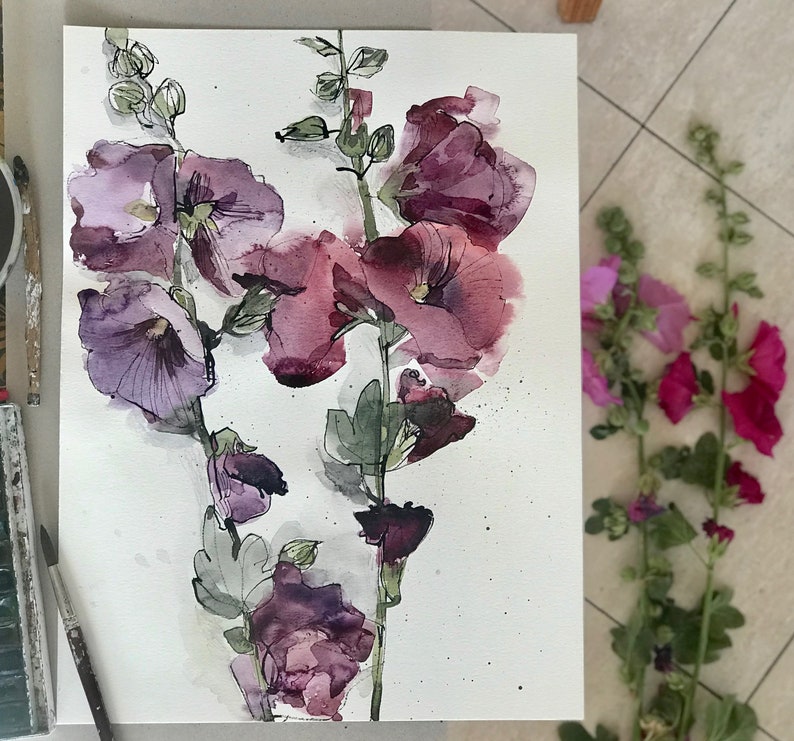 Hollyhock Watercolor Flowers, Pink Purple Floral Painting Set of 2, Bedroom Botanical Wall Decor, Living Room Flower Art Set image 9