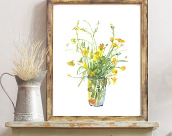 Yellow Flowers in Mason Jar Watercolor Painting - Spring Wildflower Print for Wall Decor