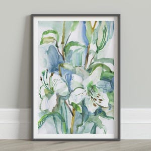 White Lily Art Print – Elegant Floral Decor in Blue and Green