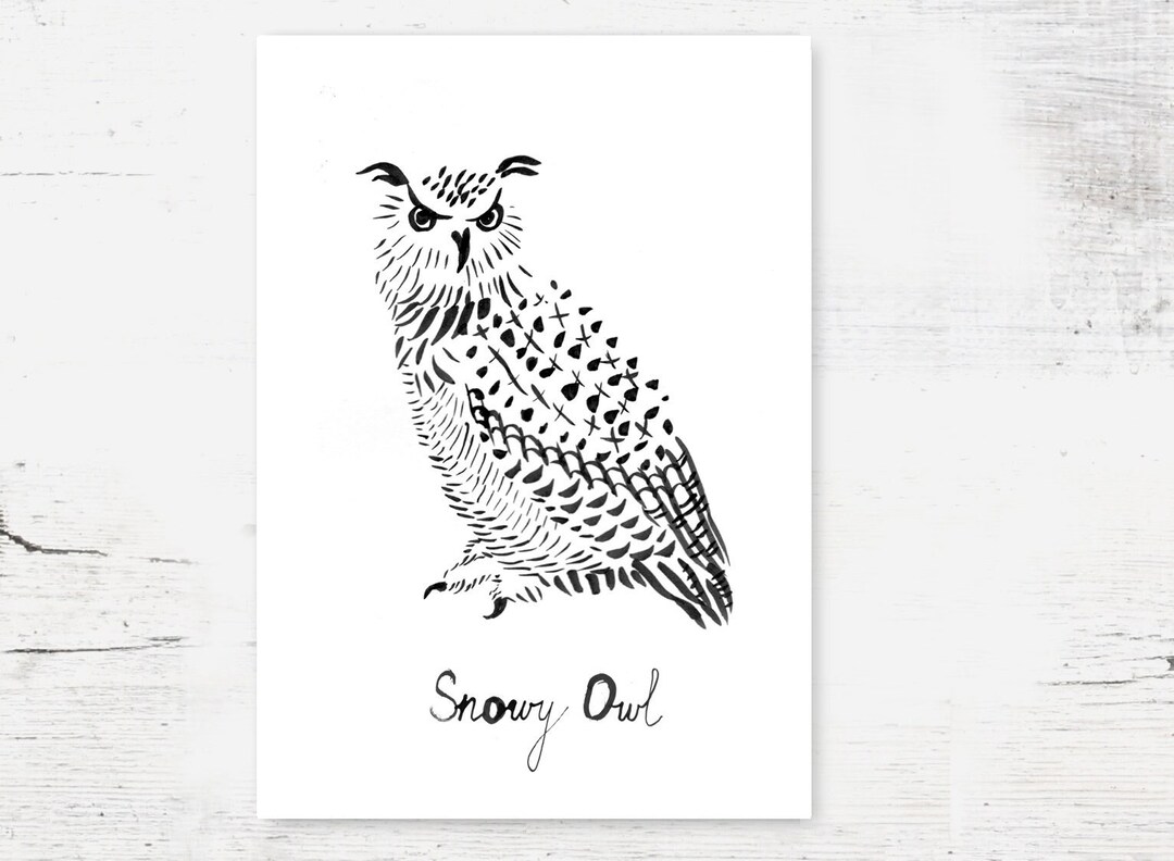 Snowy Owl Art Print: Minimalist Black and White Bird Drawing - Etsy