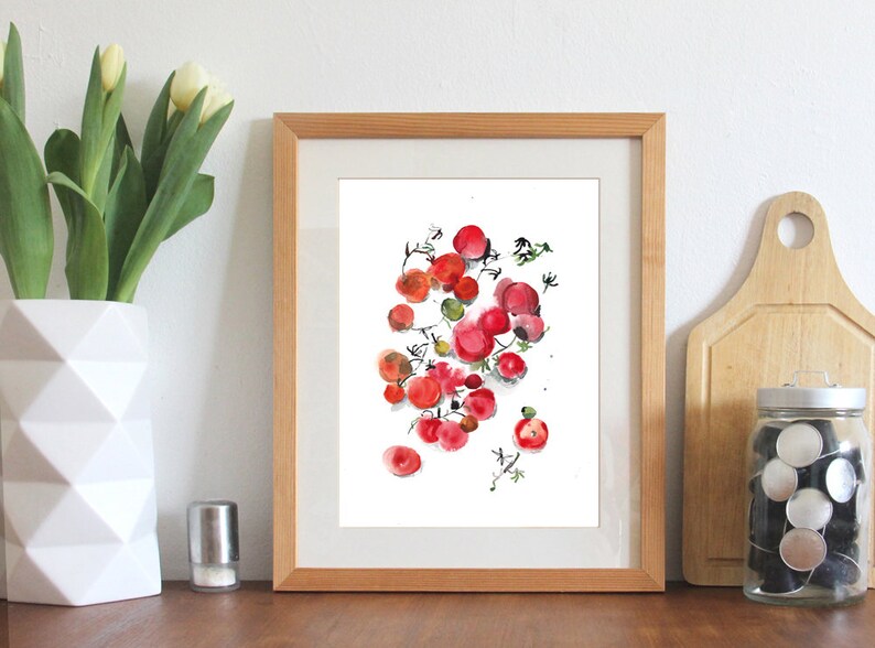loose watercolor painting of vegetables kitchen wall decor food wall art Cherry tomatoes print