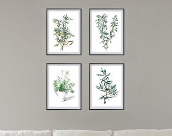 Green leaves wall set, herbs watercolor painting, Olive and Sage wall prints, dining room wall set of 4, spices prints, green home decor