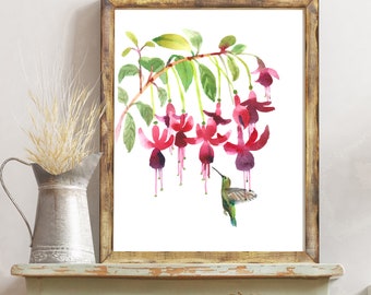 Fuchsia Flower & Hummingbird Art Print, Magenta Floral Decor