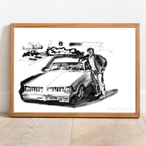 Disegno originale di auto personalizzata - Ritratto personalizzato in inchiostro bianco e nero, arte firmata disegnata a mano, regalo unico per lui, decorazione da parete per auto d'epoca
