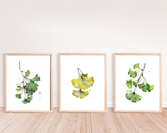 Set of 3 Leaves Wall Art - Ginkgo Tree Botanical Green Prints, Living Room Nature Wall Decor or Therapist office decor, naturopath gifts