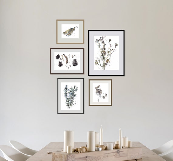 Plant Gallery Wall Art, Botanical Drawing Set of 5, Beige Green Dining Room Wall Decor, Bedroom Gallery Wall Set, Nature Lovers Gift Ideas