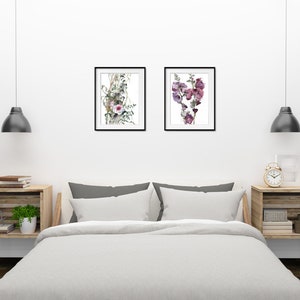 Hollyhock Watercolor Flowers, Pink Purple Floral Painting Set of 2, Bedroom Botanical Wall Decor, Living Room Flower Art Set image 6