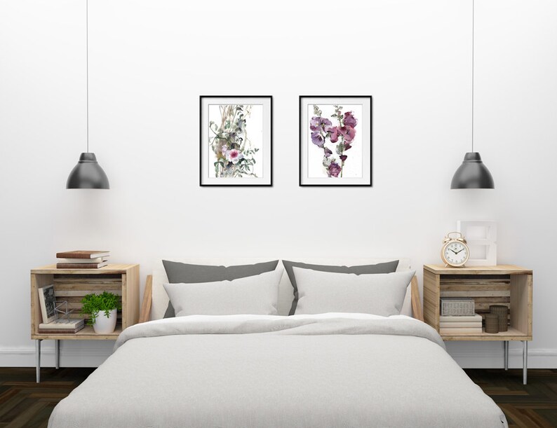 Hollyhock Watercolor Flowers, Pink Purple Floral Painting Set of 2, Bedroom Botanical Wall Decor, Living Room Flower Art Set image 6