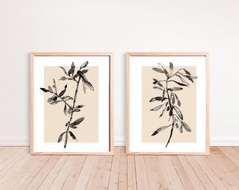 Olive Branch Print Set: Black & Ivory Botanical Wall Art