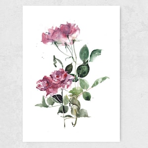 Watercolor Roses Print: Pink & Green Floral Wall Art