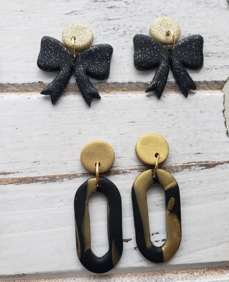Holiday Earrings Party statement earrings. 2021 GOLDEN VIBES New Years statement earrings Black and gold statement earrings