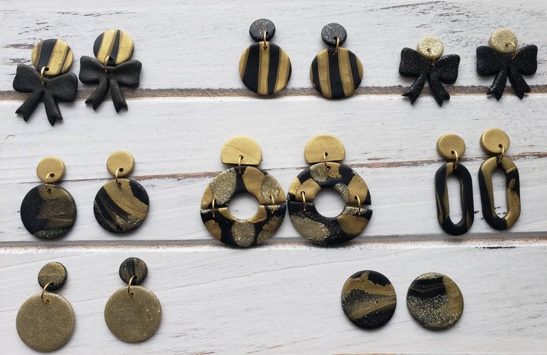 Holiday Earrings Party statement earrings. 2021 GOLDEN VIBES New Years statement earrings Black and gold statement earrings