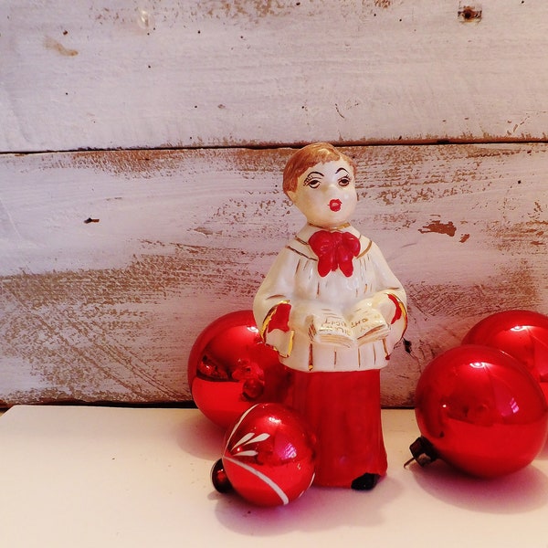 VINTAGE 1950's Choir Boy: Holiday Decor ~ Hand Painted ~ 5inches Tall ~ Christmas Kitsch ~ Nice Condition~ Ceramic Red, White, Gold