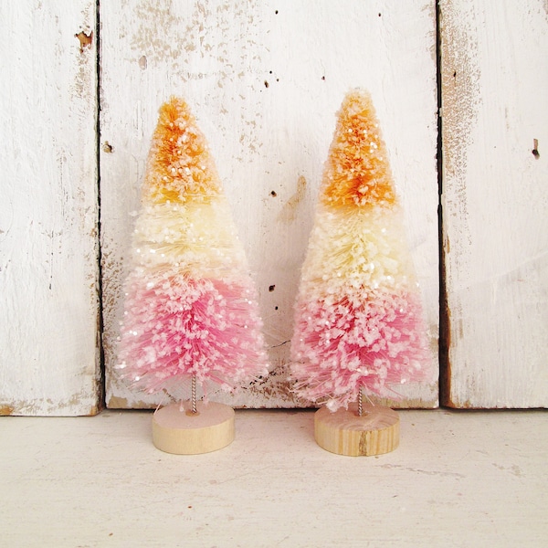5 inch Stripe Bottle Brush Trees: Set of 2 ~ Hand Dyed Peach and Pink Ombre ~ Spring Crafting ~ Easter Crafts ~ Tier Tray Decoration