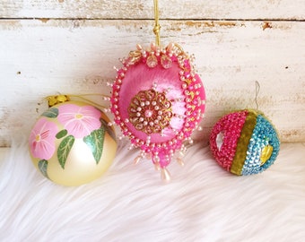 3 Pink Vintage SPRING Ornaments:  2 Hand Beaded ~ 1 Hand Painted ~ Pink Retro 1980's ~ EASTER Tree Decorations ~One of a Kind Set ~Beautiful