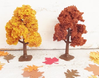 3 inch FALL Trees : Set of 2 Scenery Foliage ~ Putz House Assemblage ~ Mixed Media ~ Autumn Colors ~ Doll House ~ Terrariums