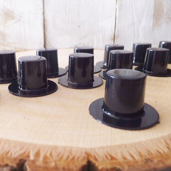 Mini Top Hats: Set of 12 ~ Animal, Gnome, Doll ~ Christmas Crafts ~ 24mm x 15mm ~ Black Top Hat ~ Chapeau ~ Mixed Media Assemblage