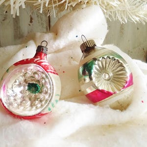 2 Vintage Indent Glass Ornaments: Red/Green/Silver Christmas Tree (2-2.75 inches Long)