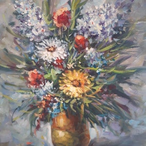 Vintage French oil painting of flowers in vase