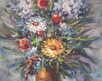 Vintage French oil painting of flowers in vase