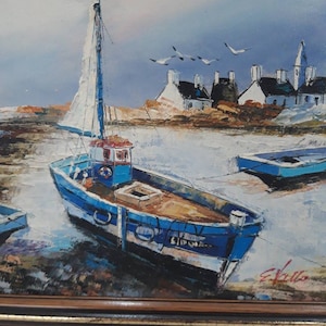 French oil painting of fishing boats