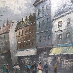 Vintage French oil painting of a street scene