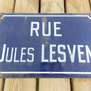 Vintage French Enamel Blue Street sign , Rue Jules Lesven.
