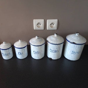 Vintage French enamel kitchen storage tins / canisters / jars set of 5