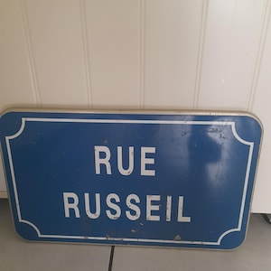 Vintage French Aluminium Blue and white Street sign , Rue Russeil.