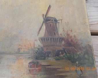 現代絵画、油彩画、額入り絵画、風車絵画、過ぎ去った時代、壁掛け