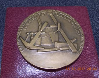Medaglia/premio/moneta/madaglione in bronzo francese d'epoca in custodia.