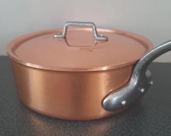 Sartén francesa de cobre grande, como nueva, para saltear o freír, con tapa, 23 cm.