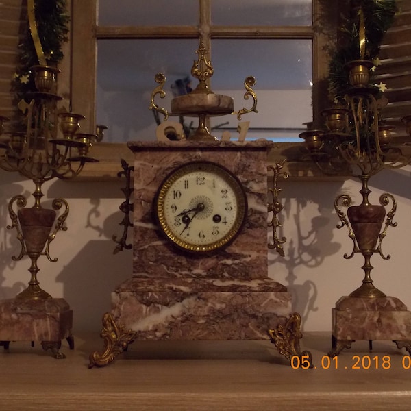 Antique French Marble Clock and pair of Candelabra Garnitures Vintage French  Mantel Clock Pink granite / Marble