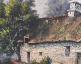 Pintura al óleo francesa de cabañas