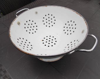 Vintage White Enamel Colander with S/Steel trim Vintage French Enamelware Drainer Kitchen Strainer