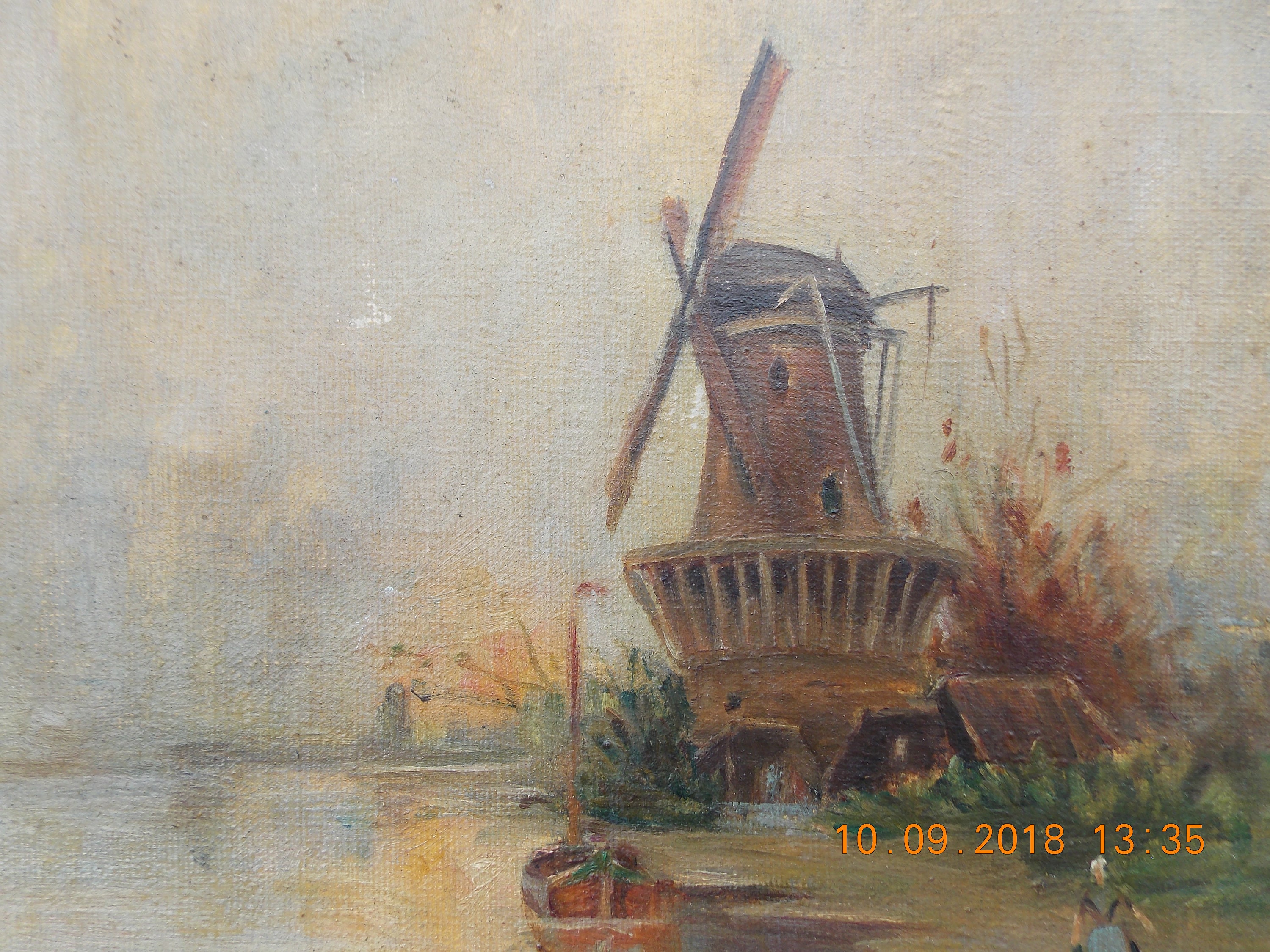 ヴィンテージ フランス製、おそらくオランダ製の風車の油絵 1800 年代