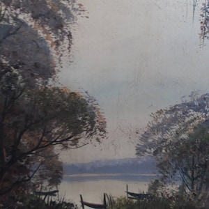 French oil painting of lake and trees