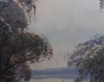 Franse olieverfvan meer en bomen