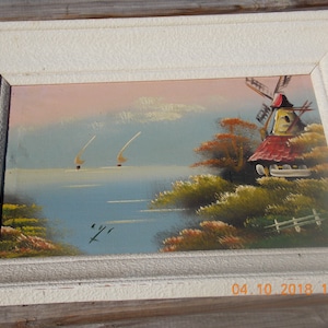 French Oil painting from the 1970s of Windmill and Sea with Yachts sailing ships boats