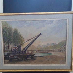 French oil painting on canvas of port on river in Paris France