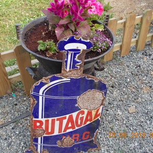 Rare Vintage French Enamel Butagaz Gas Bottle sign , advertizing sign double sided hanging sign