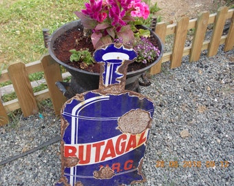 Raro cartello francese vintage smaltato con bombola del gas Butagaz