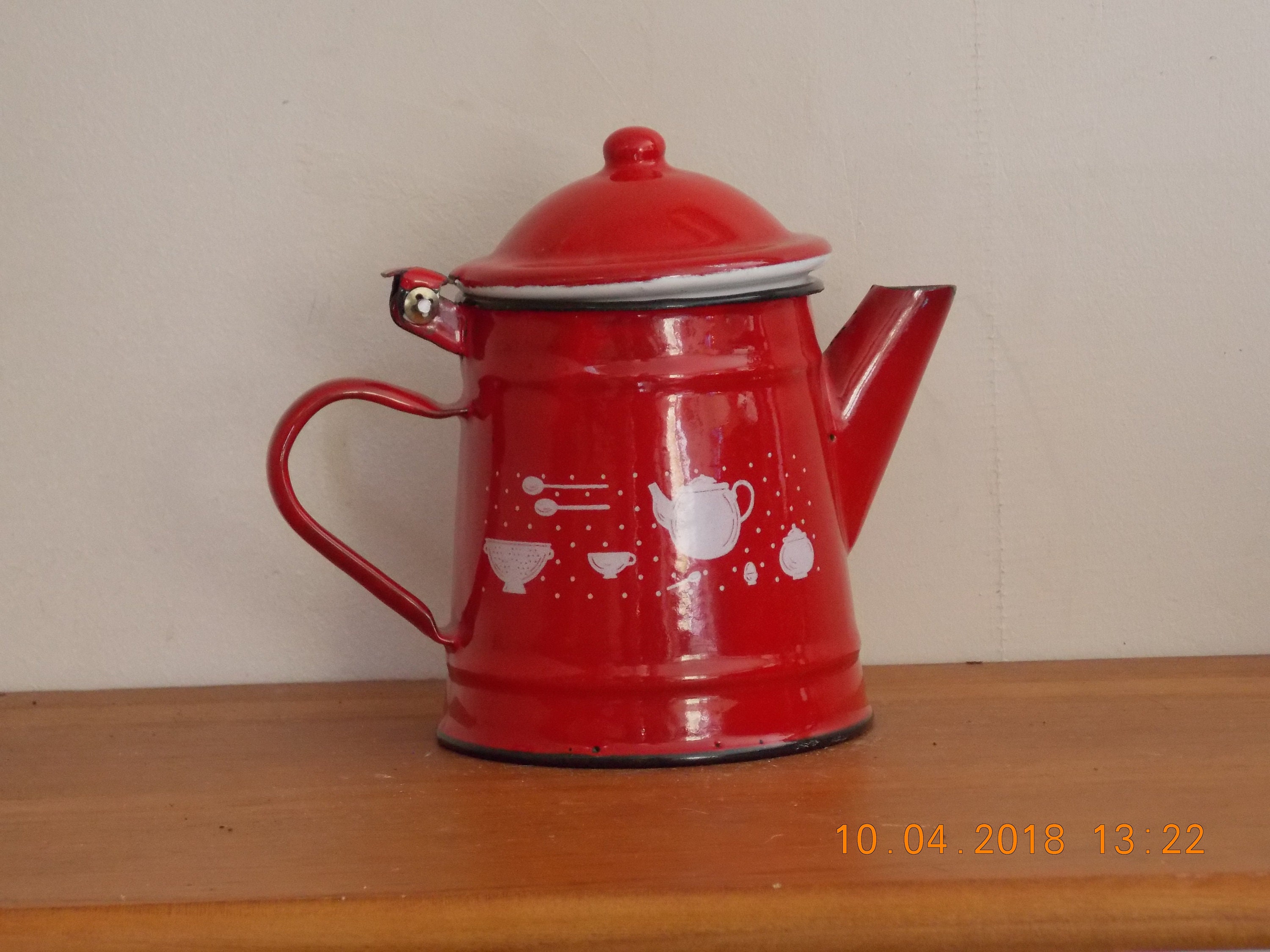 Vintage Français Enamel Café Pot Rouge avec La Conception d'équipement de Cuisine
