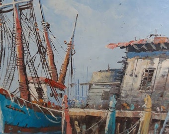 Franse olieverfschilderij van vissersboten in Harbour Sea