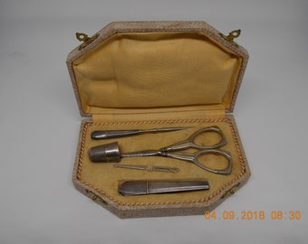 Kit de costura vintage de plata francesa, juego de bordado antiguo, caja original de piel de raya