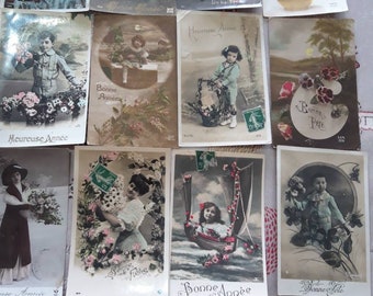 Vintage francés año nuevo postales de 50s y 60s colección de 14 tarjetas