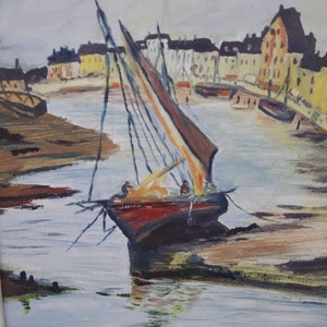 Vintage French oil painting of boats in river signed and dated