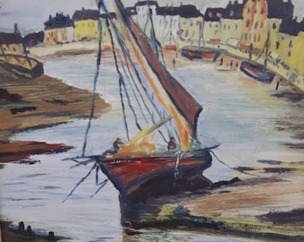 Pintura al óleo francesa vintage de barcos en río firmado y fechado