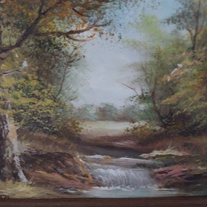 Vintage French oil painting of woods and stream singed