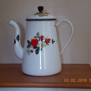 Vintage French Enamel Coffee Pot with flower Rose decoration Retro shabby chic kitchen decor